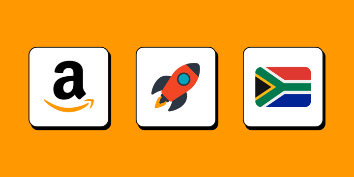 Amazon Logo with a rocket and a South African Flag